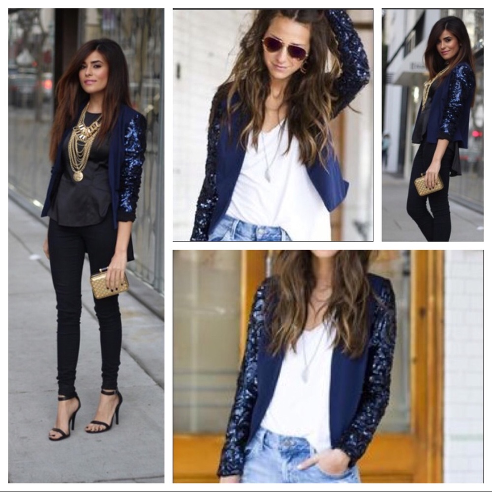 Lovers + Friends Navy Sequin Sleeve Blazer